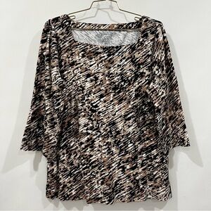 Chico's Animal Print Blouse Square Neck 100% Cotton Sz 4 Black/Brown 3/4 Sleeve